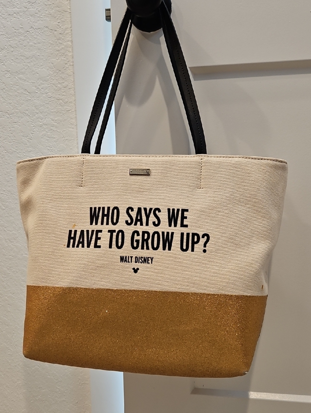 kate spade Cream Canvas Tote with Gold Glitter Base and Black Handles